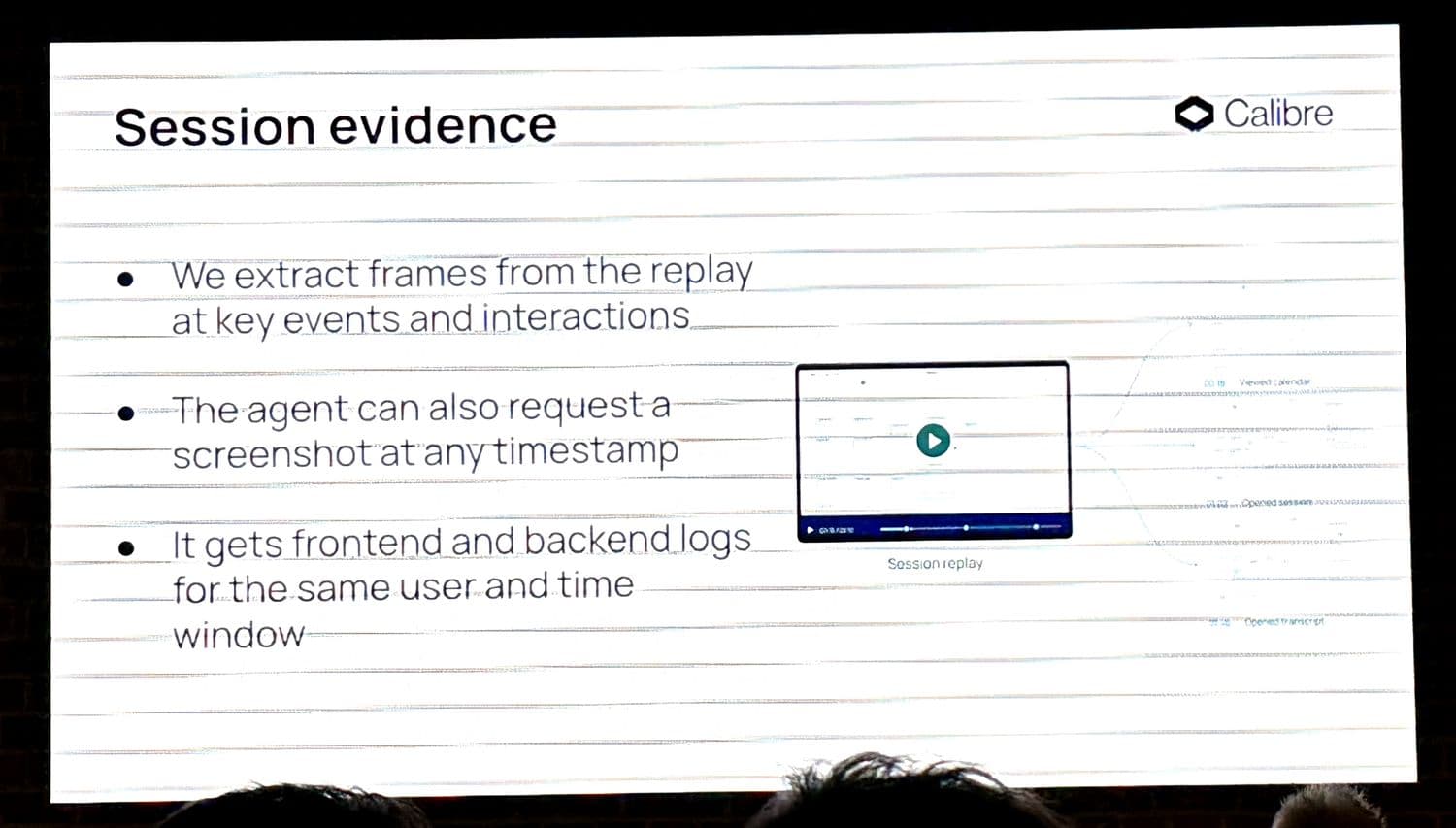 The session evidence slide: replay frames, a screenshot at any timestamp on request, and frontend plus backend logs for the same user and window