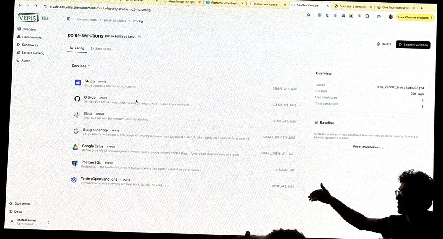 The Veris console showing an environment with seven shared services including Stripe, GitHub, Slack, Google Drive, PostgreSQL and the OpenSanctions screening API