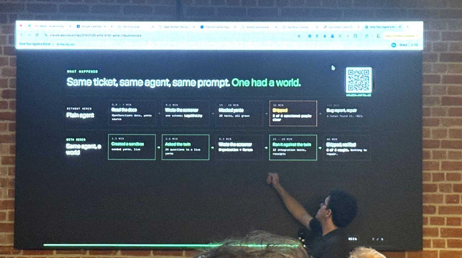 The trajectory comparison: a plain agent shipped at 32 minutes clearing three of four sanctioned people, while the same agent with a world shipped verified at 40 minutes catching four of four